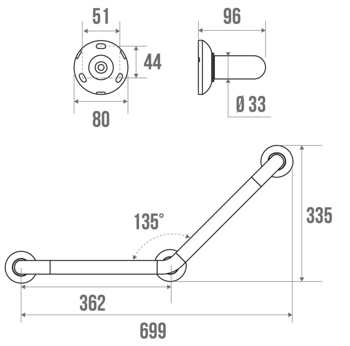 Barre appui coudée angle 135° 365 x 365 mm profil aluminium recouvert pvc blanc F33 m m rosaces polyamides réf. 046220