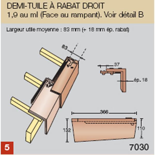 Demi-tuile de rive à rabat droit Vauban 2 Écaille nuagé 390x152x110 mm