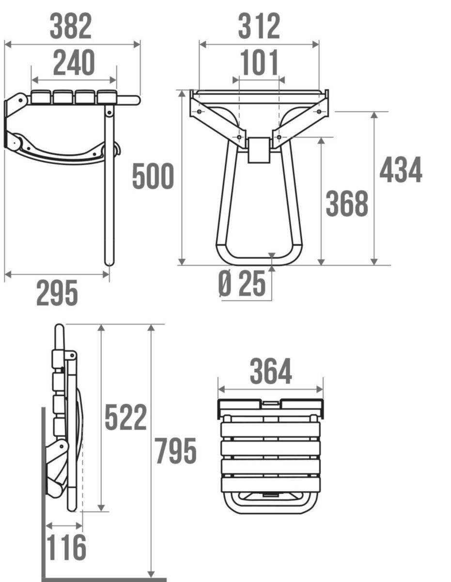 Siège de douche escamotable 38 x 35,5 cm blanc avec béquille automatique réf. 047630