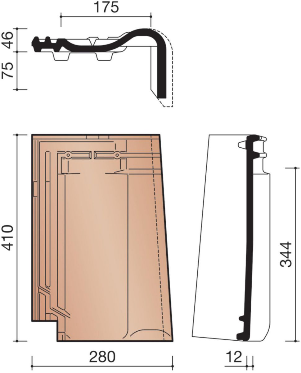 Tuile de rive à rabat droit Panne terre cuite brun foncé 410x280 mm