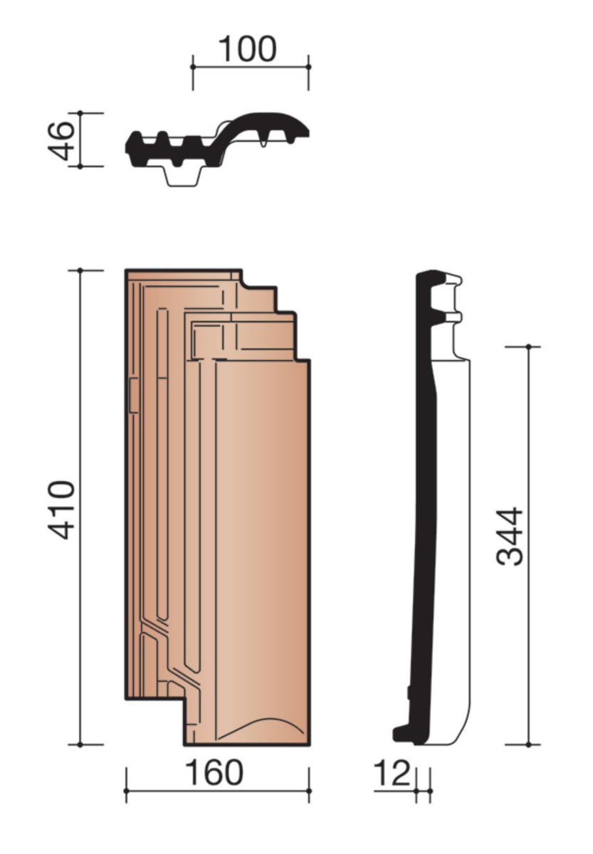 Demi-tuile Panne terre cuite rouge naturel 410x160 mm