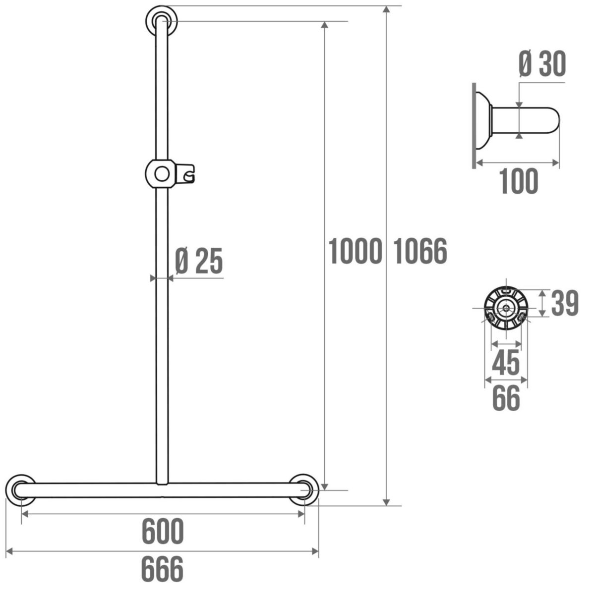 Barre en T 60 x 100 cm avec support douchette tube en aluminium époxy blanc réf. 049340