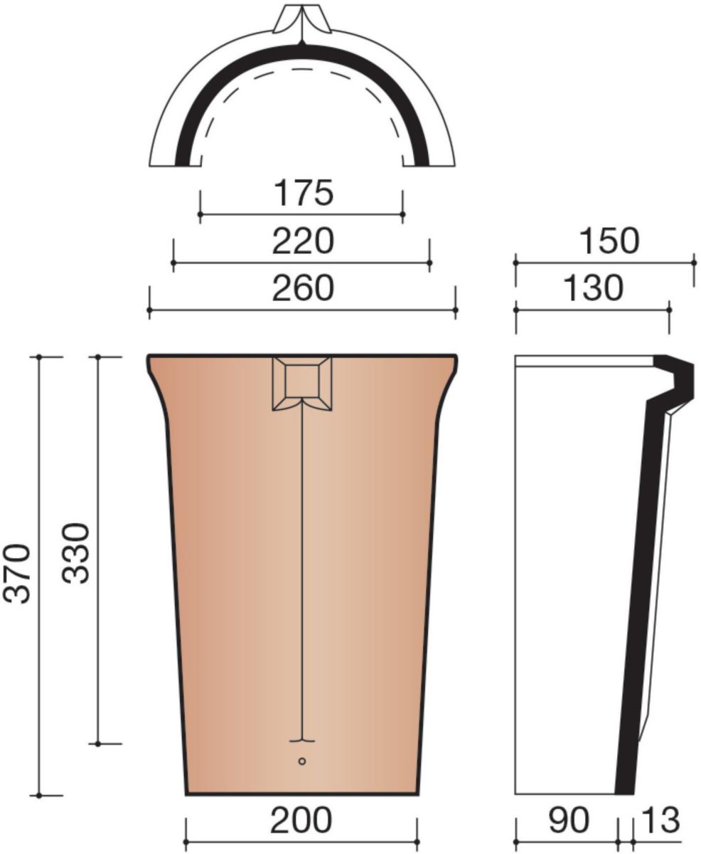 About d'arêtier demi-rond emboîtement 190mm rustique pour Plate 301, Plate 303, galbée 401, Vieille Panne 451, Tempête 993 et Tempête 44 KOR K0003110