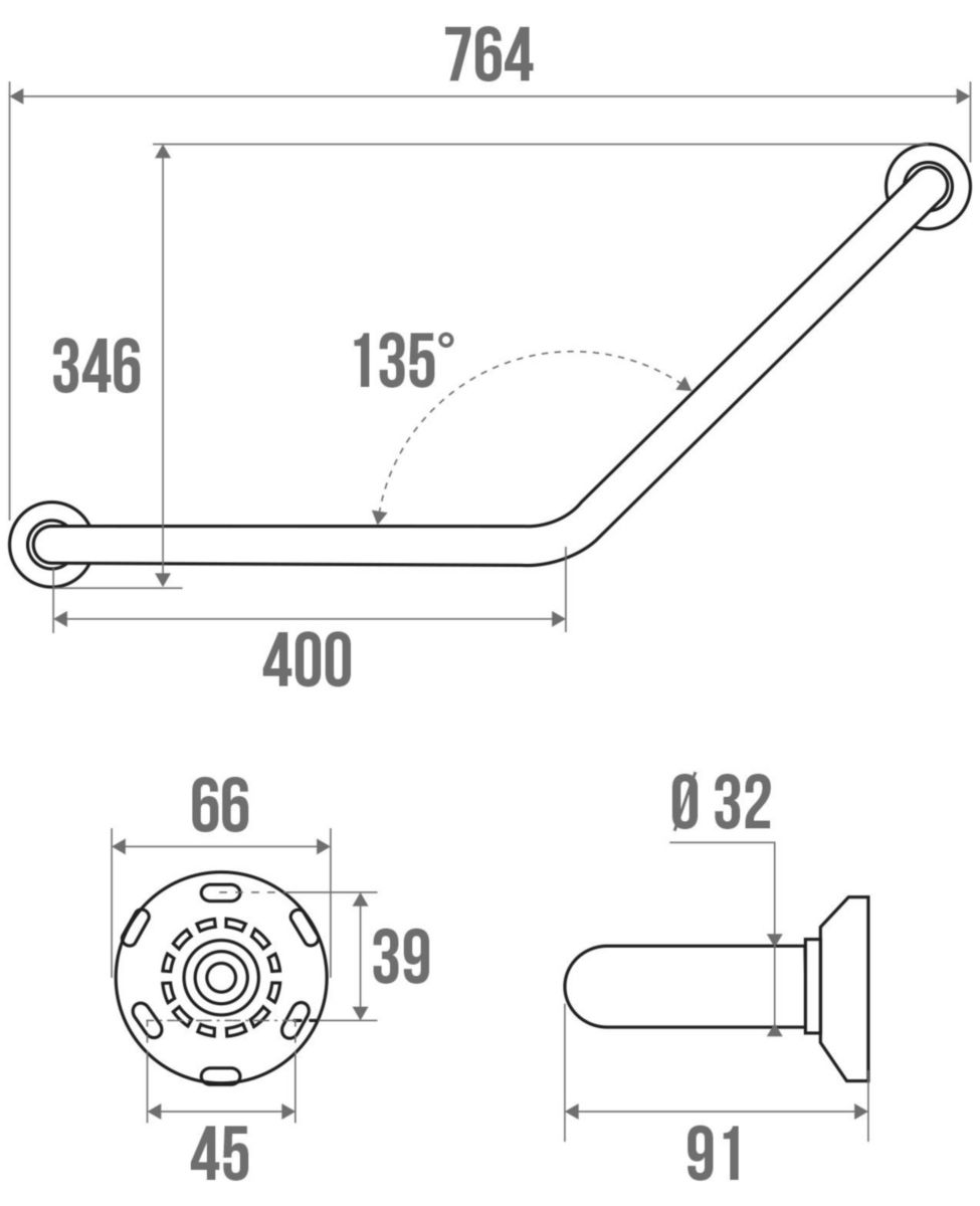 Barre appui coudée 135° 40 x 40 chromé Diamètre 32 mm réf. 381533