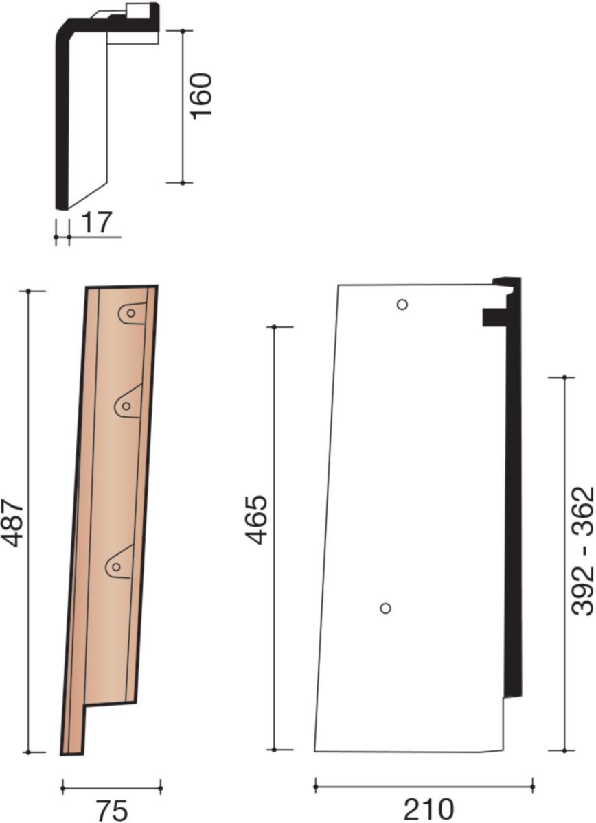 Tuile de rive individuelle verticale gauche Kanal 10 terre cuite ocre vieilli 487x75x160 mm