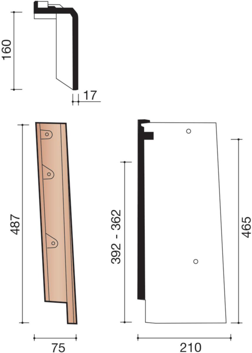 Tuile de rive individuelle verticale droite Kanal 10 terre cuite nuagé 487x75x160 mm