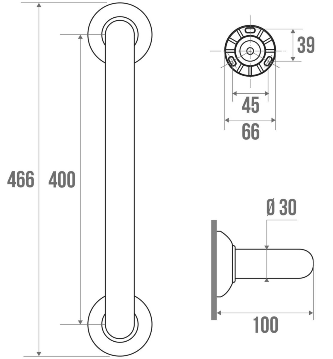 Barre de relèvement droite longueur 40 cm diamètre 30 mm aluminium + époxy blanc réf. 049140