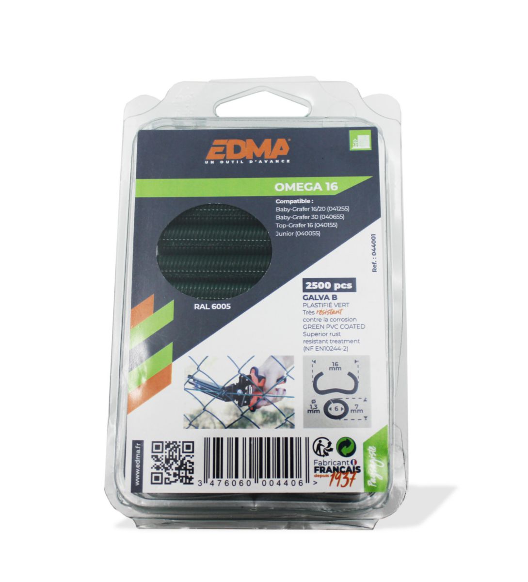 Agrafe plastifiée verte pour grillage souple Omega 16 - Ø 1,3 mm - l. 16 mm - boîte de 2500 pcs