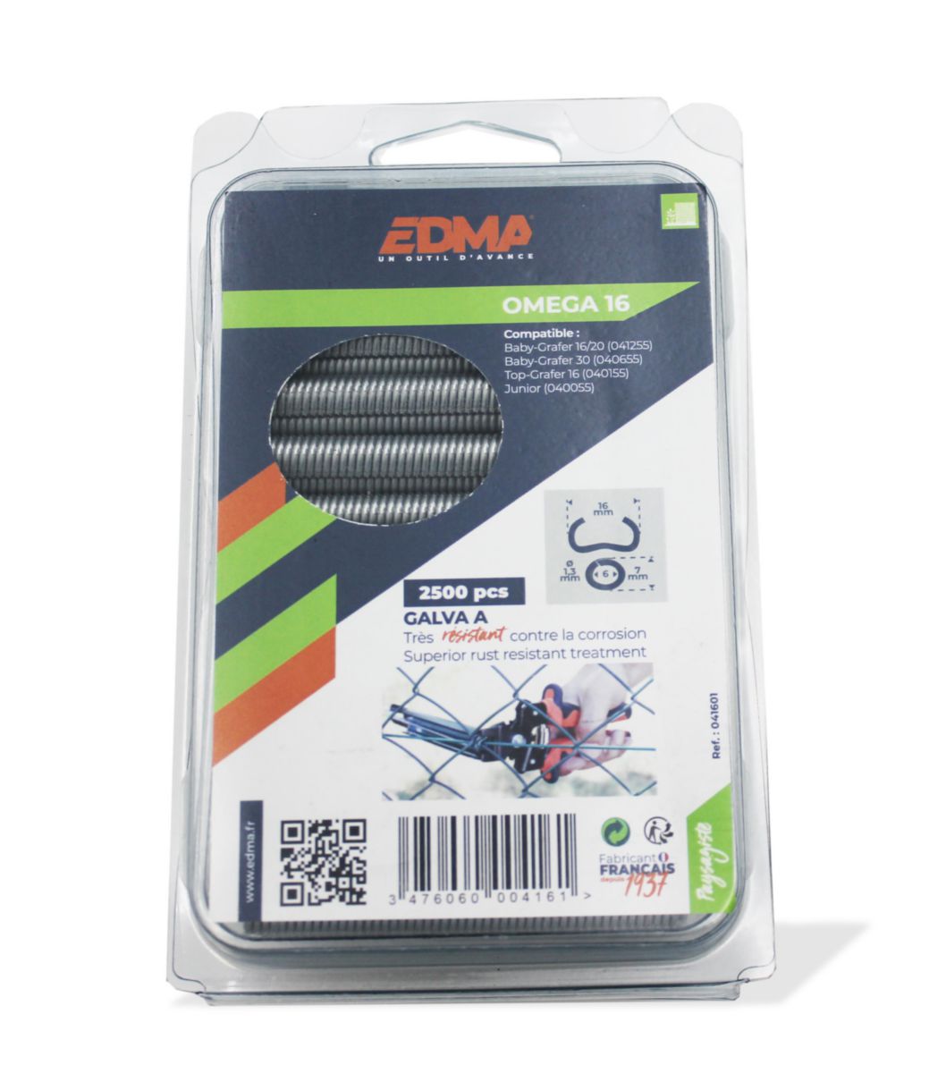 Agrafe galvanisée pour grillage souple Omega 16 - Ø 1,3 mm - l. 16 mm - boîte de 2500 pcs