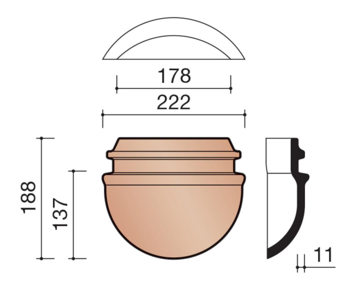 About d'arêtier demi-rond emboîtement 190mm lustré pour Plate 301, galbée 401, Vieille Panne 451, Tempête 993 et Tempête 44 KOR P0003110