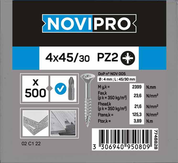 Vis bois/aggloméré acier zingué - TF empreinte pozidriv - filetage partiel - Ø 4x45/30 mm - boîte de 500 pcs