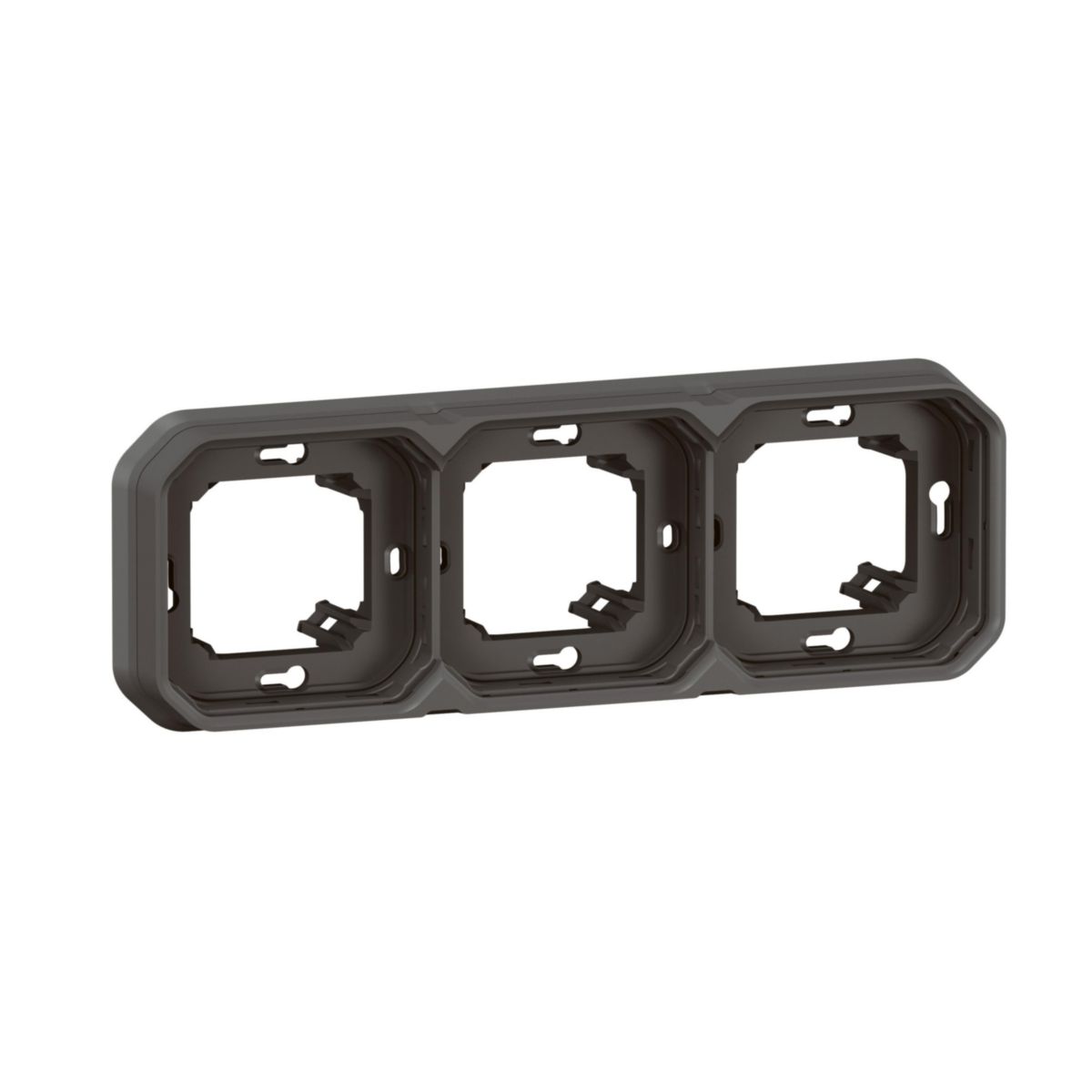 Support plaque étanche pour montage horizontal ou vertical en encastré avec boîte d'encastrement 3 postes de fonctions Plexo - anthracite Réf. 069608L