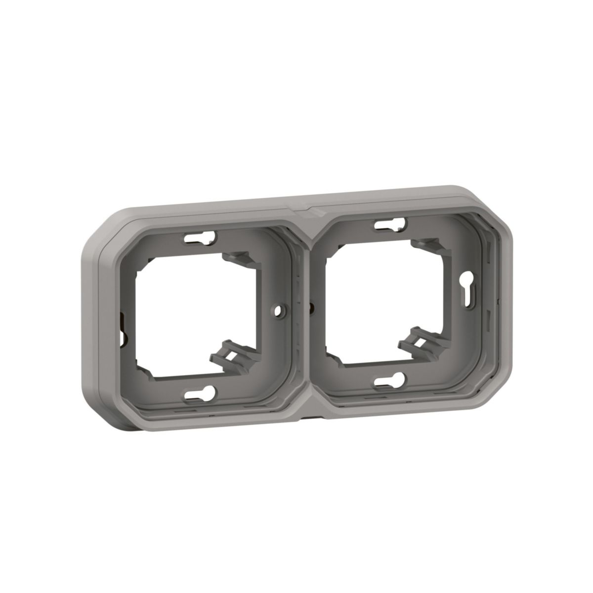 Support plaque étanche pour montage horizontal ou vertical en encastré avec boîte d'encastrement 2 postes de fonctions Plexo - gris Réf. 069683L