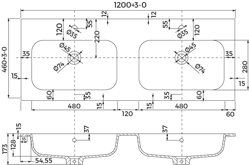 Plan double vasque ALTERNA PLENITUDE en synthèse L120 cm