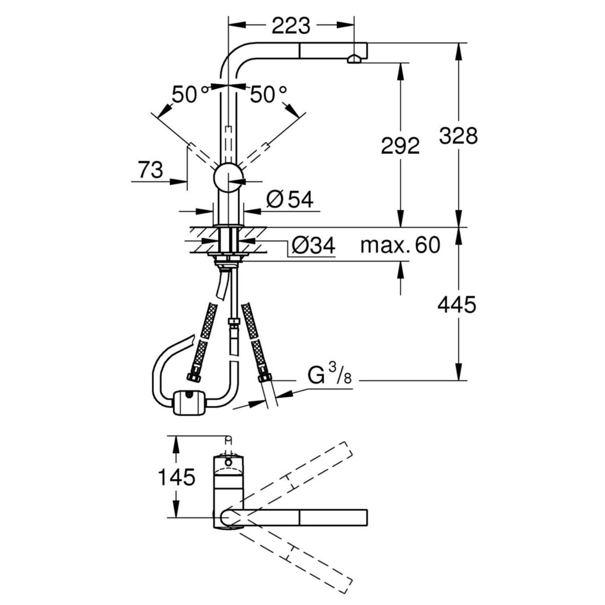 Mitigeur évier MINTA bec orientable, mousseur extractible Chromé réf. 32168000