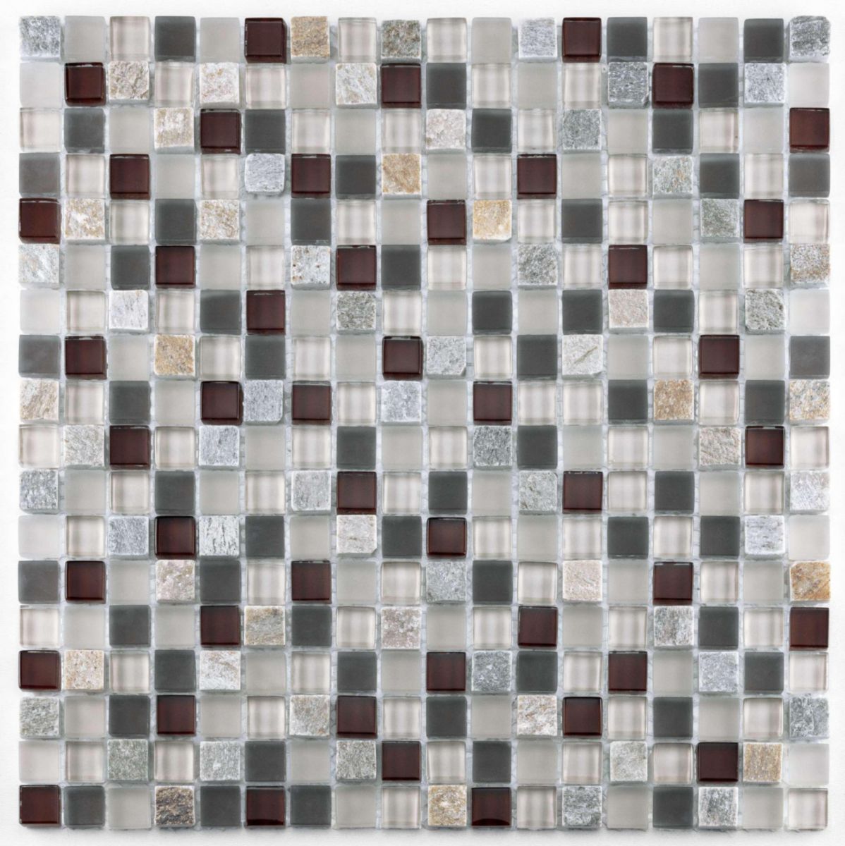 Mosaïque murale intérieure verre et pierre - mix marron gris blanc - tesselles 1,5x1,5 cm - plaque 29,8x29,8 cm