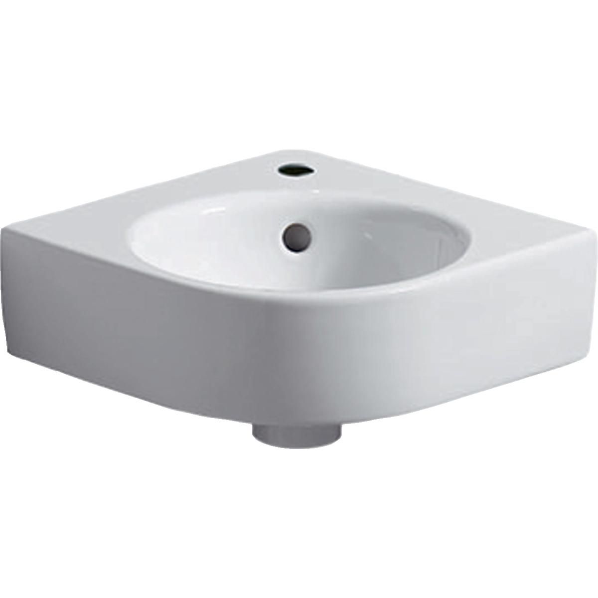 lave-mains d'angle geberit renova compact: b=45cm, t=39.5cm, trou de robinetterie=au centre, trop-plein=visible, blanc Réf. 276132000