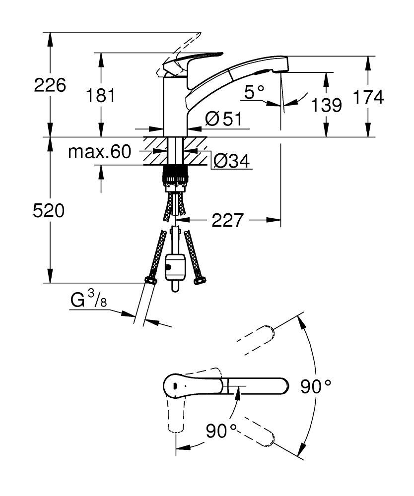 Mitigeur évier EUROMART bec pivotant, douchette extractible - inverseur double sens entre les jets Chromé  réf. 30355001