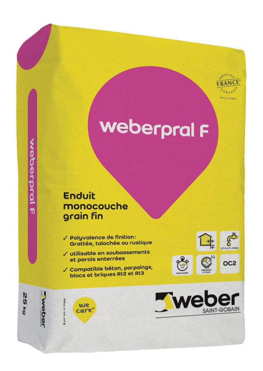 Enduit weberpral F pour imperméabilisation et décoration de façade neuve - blanc éclat - sac de 25 kg