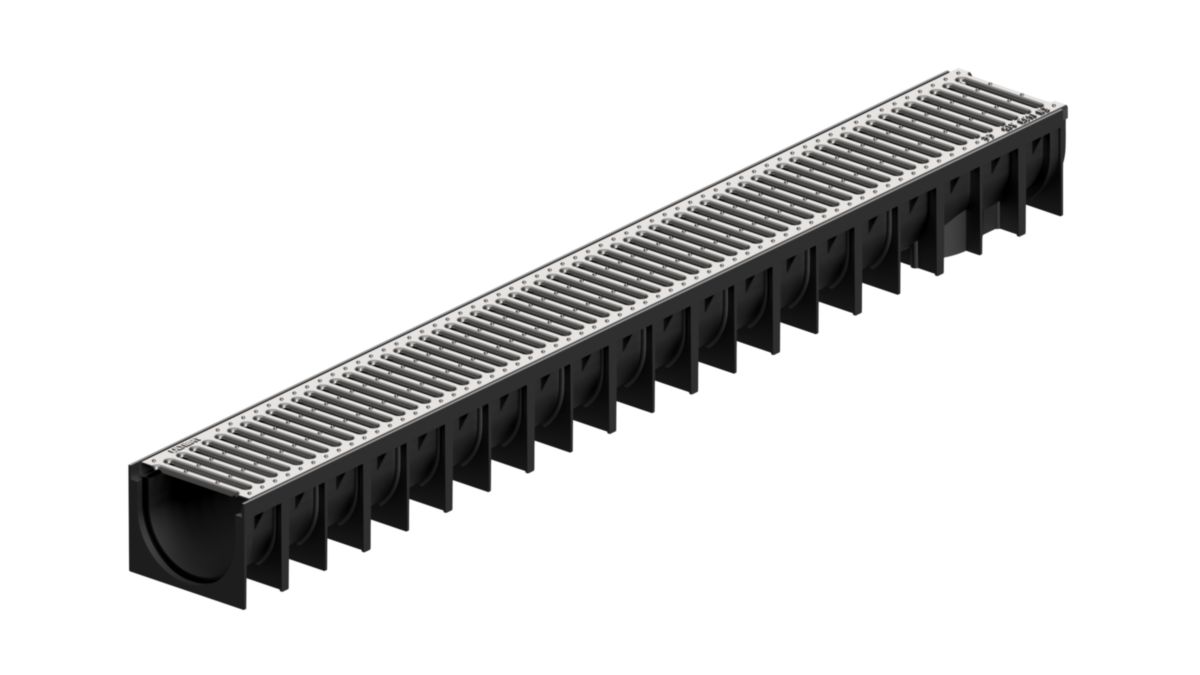 Caniveau PE-PP + grille acier galvanisé - classe A15 - 1000x120 mm - H. 92 mm