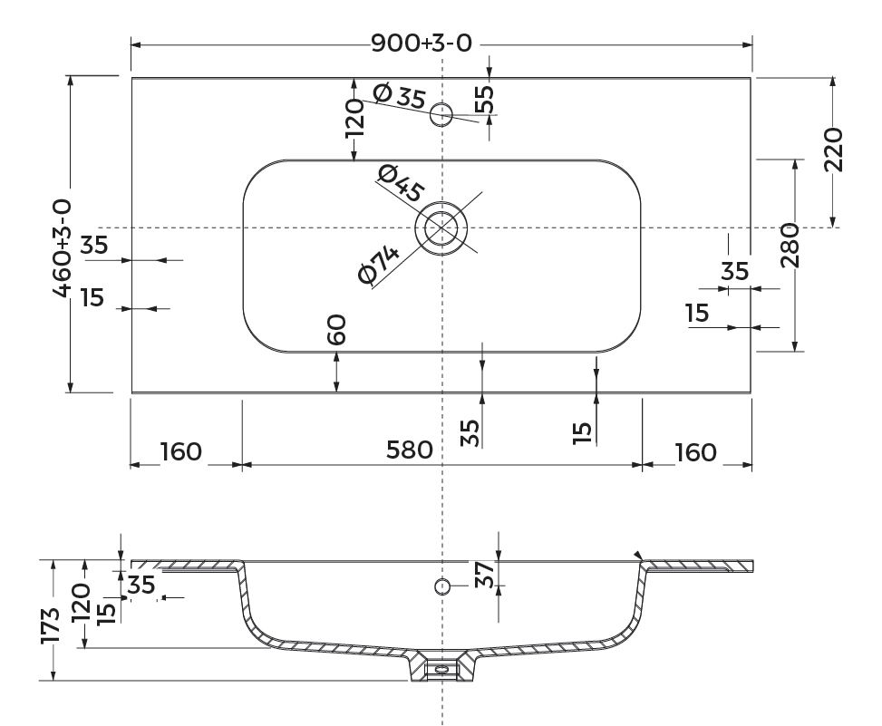 Plan vasque centrée ALTERNA PLENITUDE en synthèse L90 cm