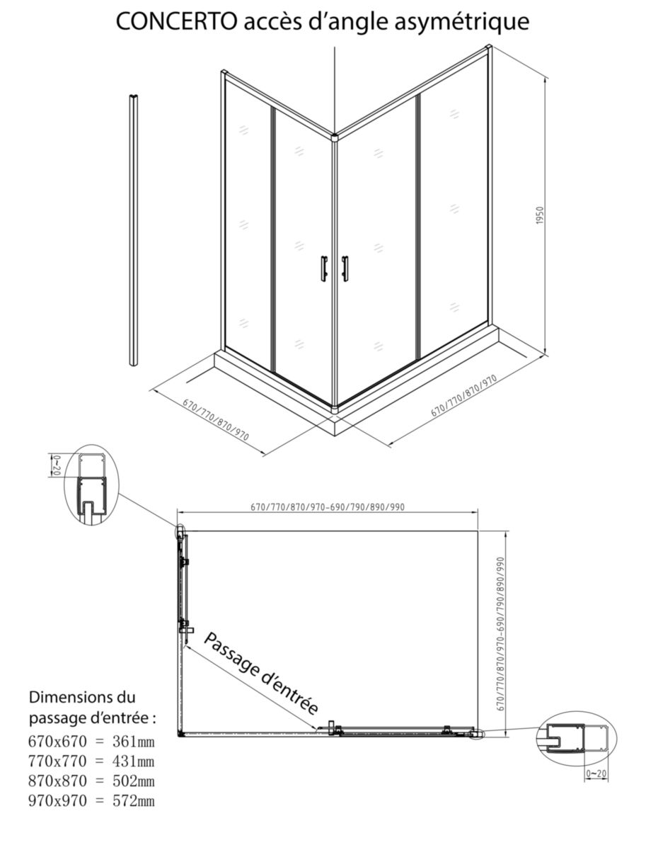 Paroi de douche Alterna Concerto accès en angle un côté réversible longueur 80 cm profilé argent brillant verre transparent