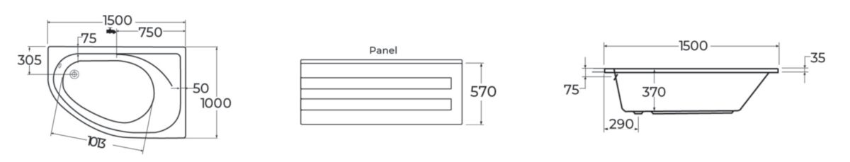 Baignoire asymétrique Alterna Verseau 3 150 x 100 cm droite acrylique blanc