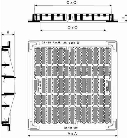 Grille plate carrée Squadra classe C250 à verrouillage automatique ECSQ70PF pour ouverture 600mm dimension cadre extérieur 720mm Réf. ECSQ70PF PAM