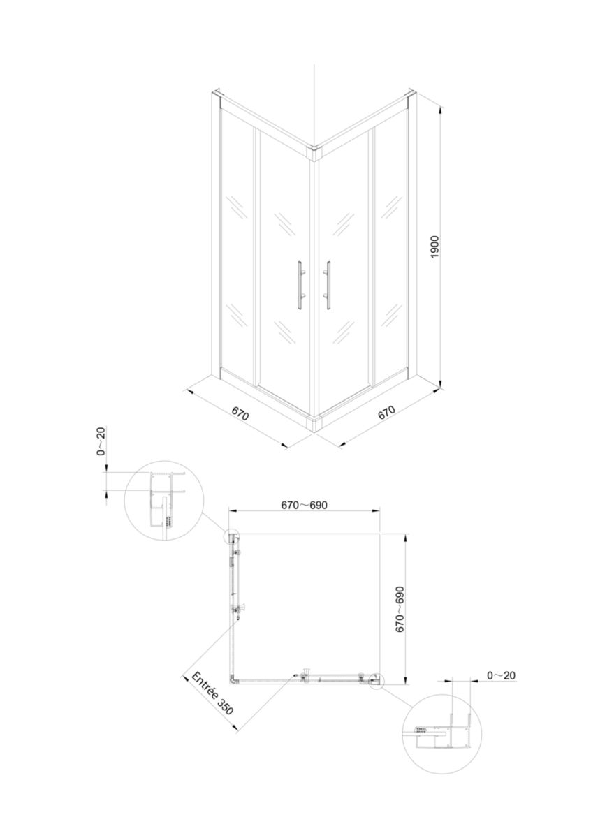 Paroi de douche Alterna Verseau 2, accès d'angle, porte coulissante 70 x 70 cm