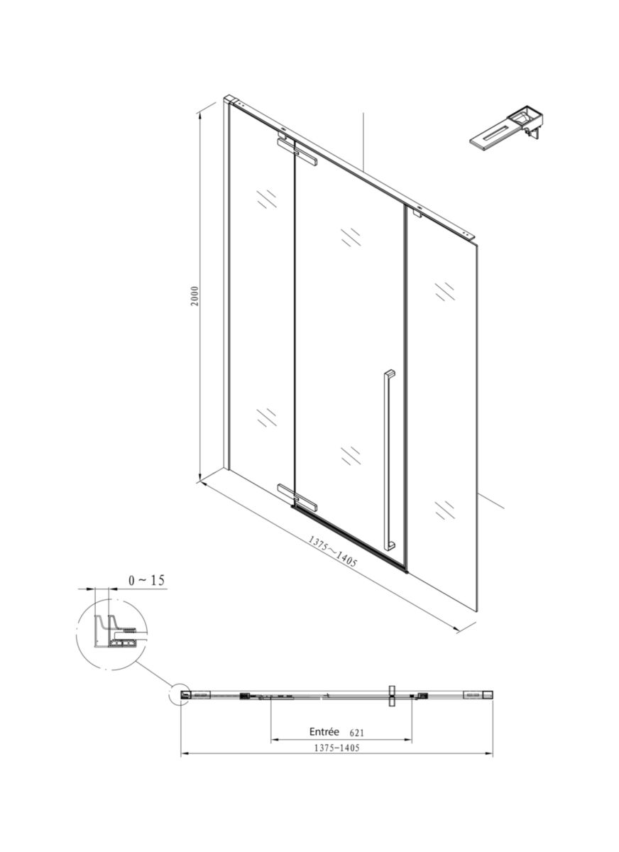 Paroi de douche Alterna Daily XL accès de face porte pivotante (fixe + pivot + fixe) profilé chromé longueur 140 cm