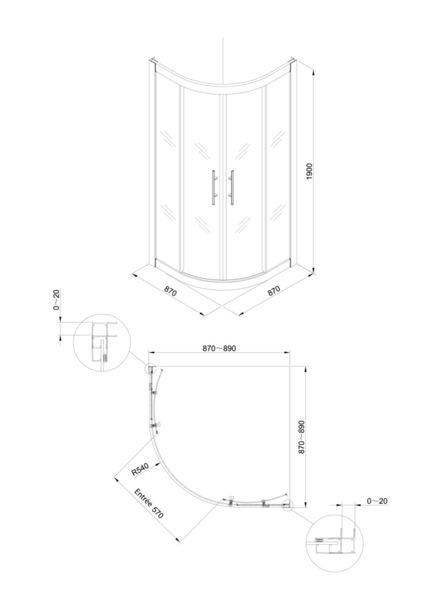 Paroi de douche Alterna Verseau 2, accès d'angle 1/4 de rond, porte coulissante 90 x 90 cm