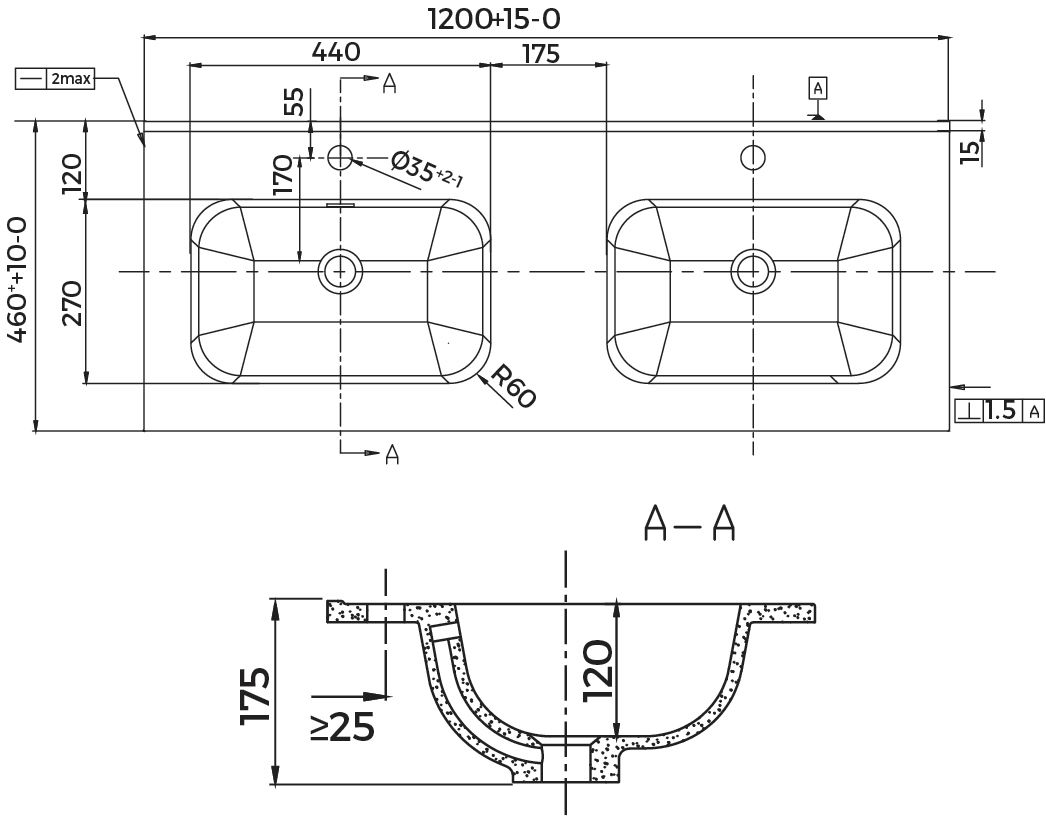 Plan céramique 120cm Seducta et Alterna Domino  Blanc Double vasque