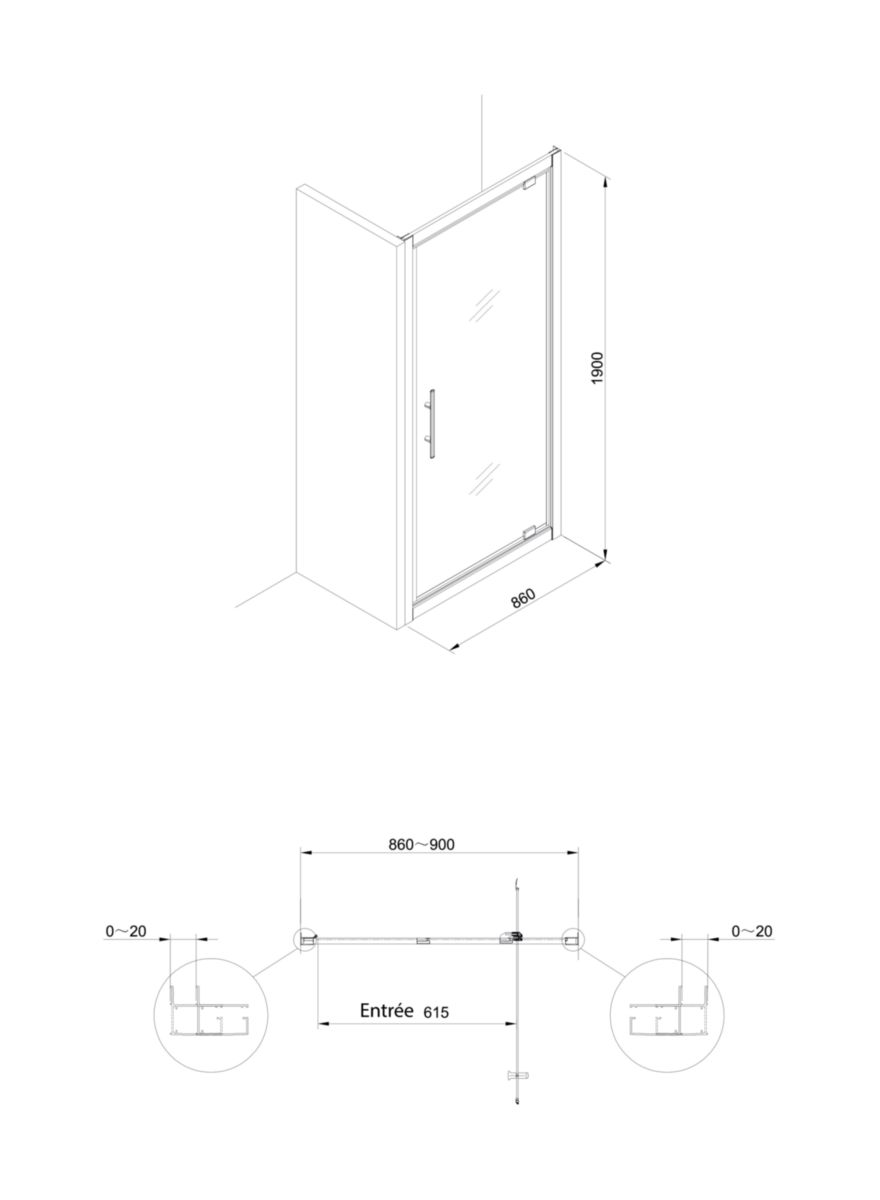 Paroi de douche Alterna Verseau 2, accès de face, porte pivotante gain de place 90 cm