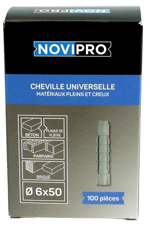 Cheville nylon pour matériaux pleins et creux Novipro diamètre 6 x 50 mm boîte de 100 pièces