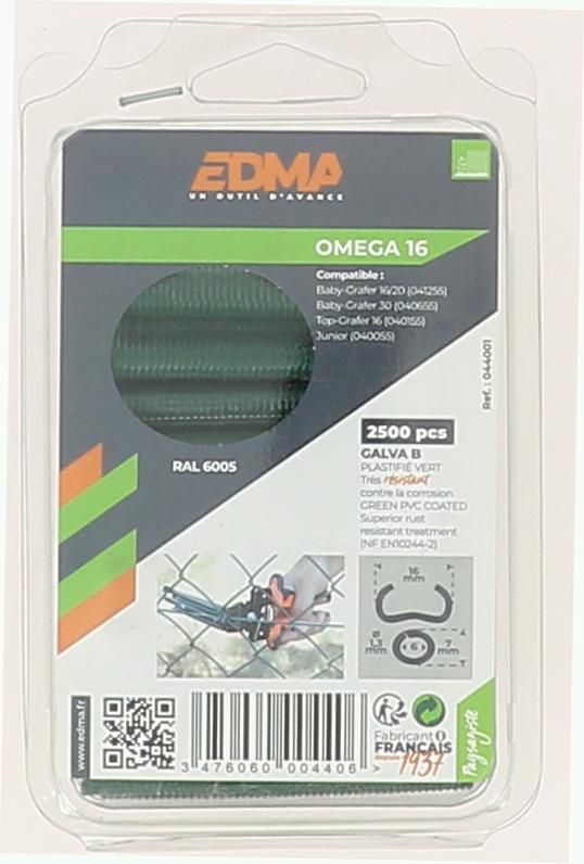 Agrafe plastifiée verte pour grillage souple Omega 16 - Ø 1,3 mm - l. 16 mm - boîte de 2500 pcs