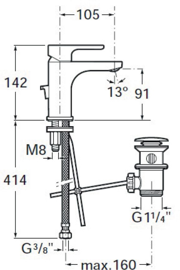 Mitigeur lavabo L 20 CH 3 vidage laiton Chromé réf. A5A3I09C00