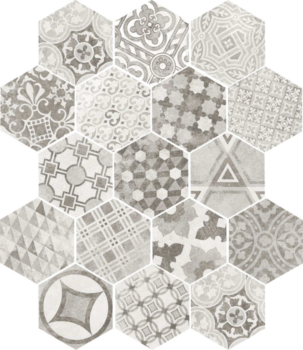 Carrelage sol/mur grès cérame émaillé Hexatile Cement - hexagone décor garden grey mat - 17,5x20 cm