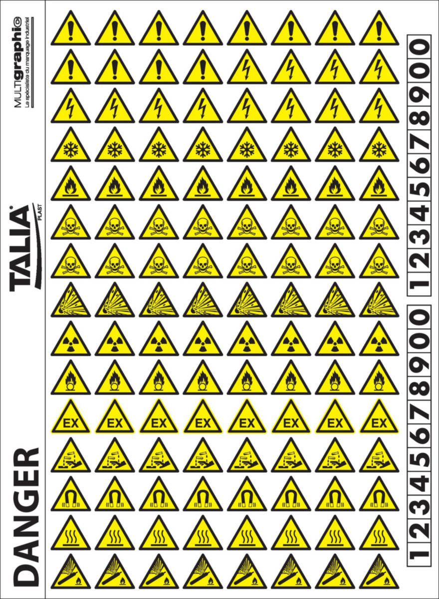 Adhésif pictos avertissement danger 20 x 20 mm (Planche 120 unités) Réf.728303