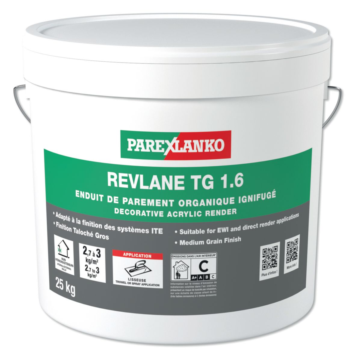 Revêtement décoratif pour façade Revlane+ ignifugé taloché gros PG00 blanc naturel seau 25 kg ref REIGNITGG00