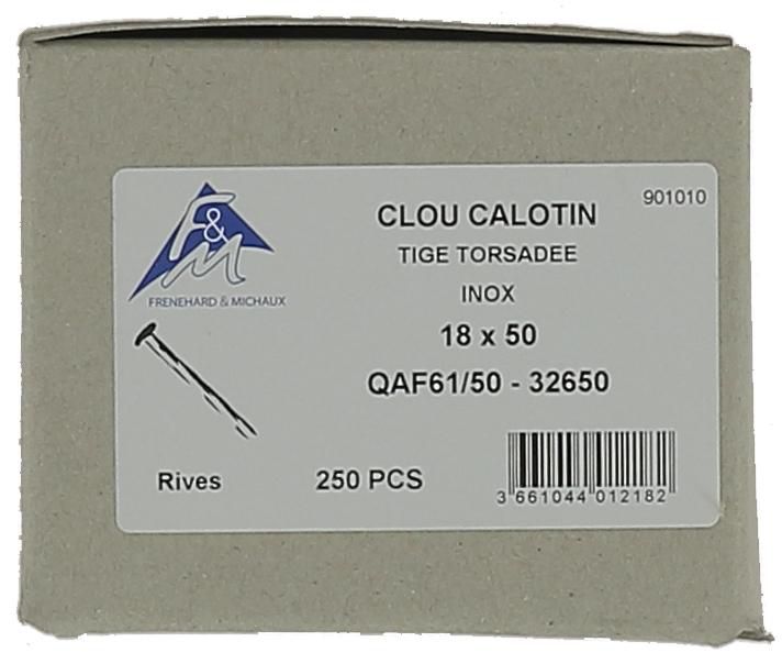 Clou calotin zinc tige torsadée longueur 50mm diamètre 2,7mm boîte de 250 réf. QAF61/50