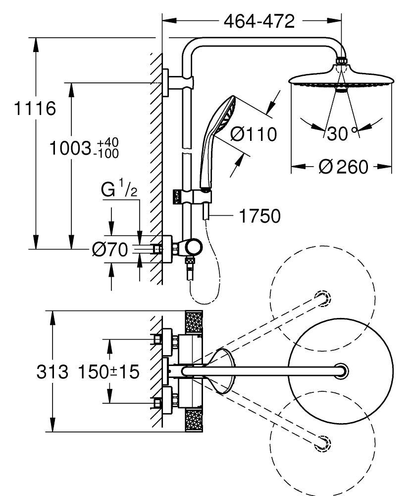 Colonne de douche avec mitigeur thermostatique chromé Euphoria System 260 Réf. 27615002