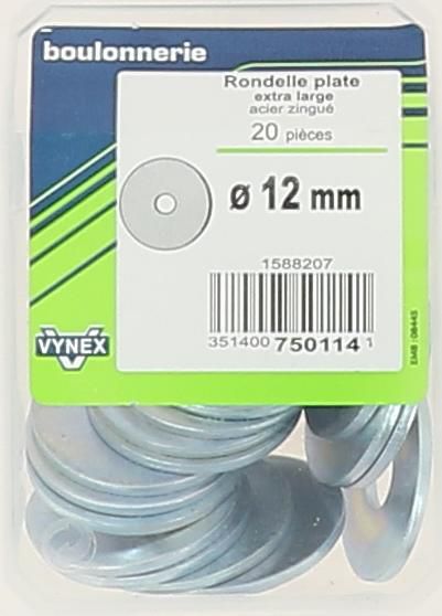 Rondelle plate extra large - acier zingué gris - Ø 12 mm - blister de 20 pcs