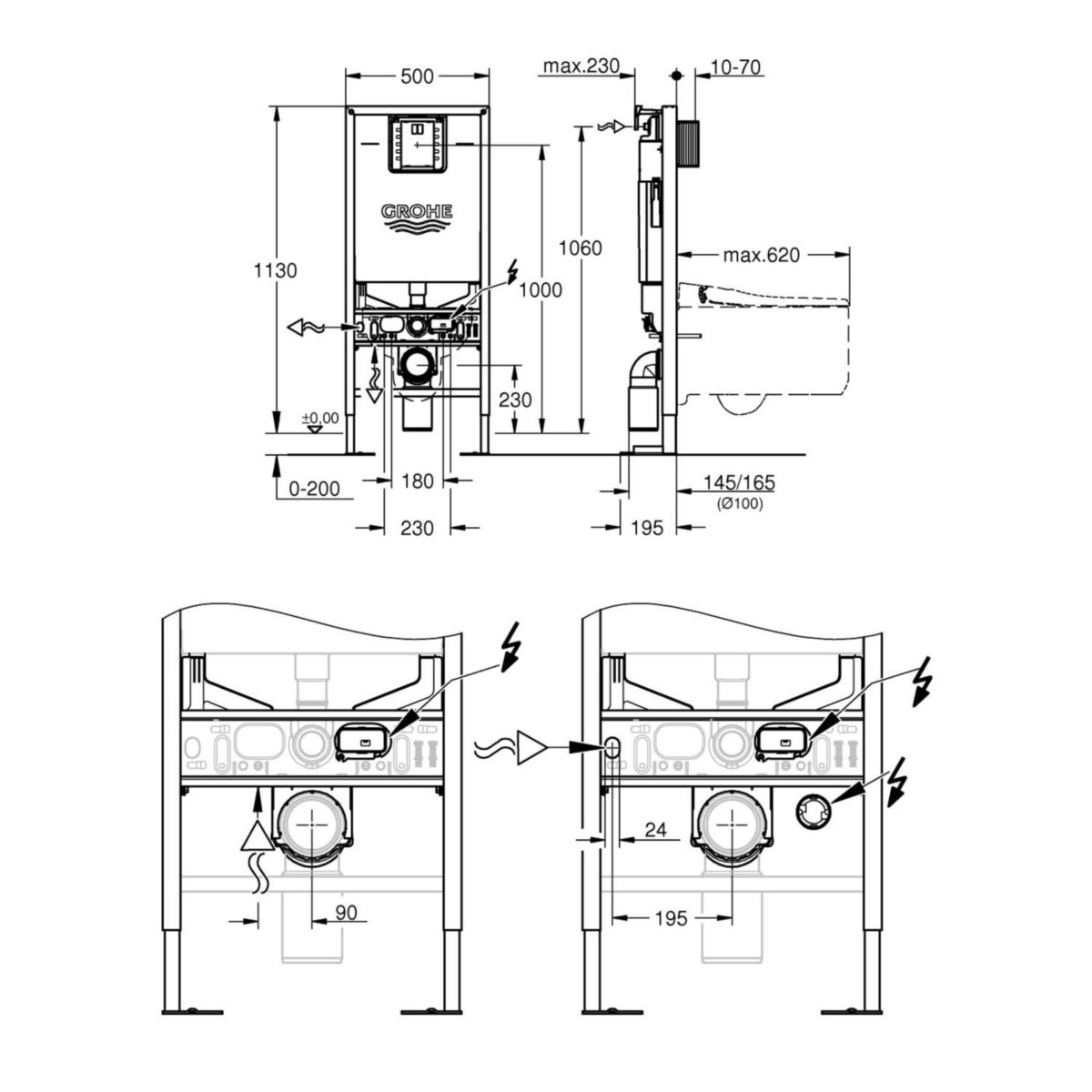 Bâti-support pour WC hauteur d'installation 1,13M avec prise de courant intégrée Rapid SLX Réf. 39599000