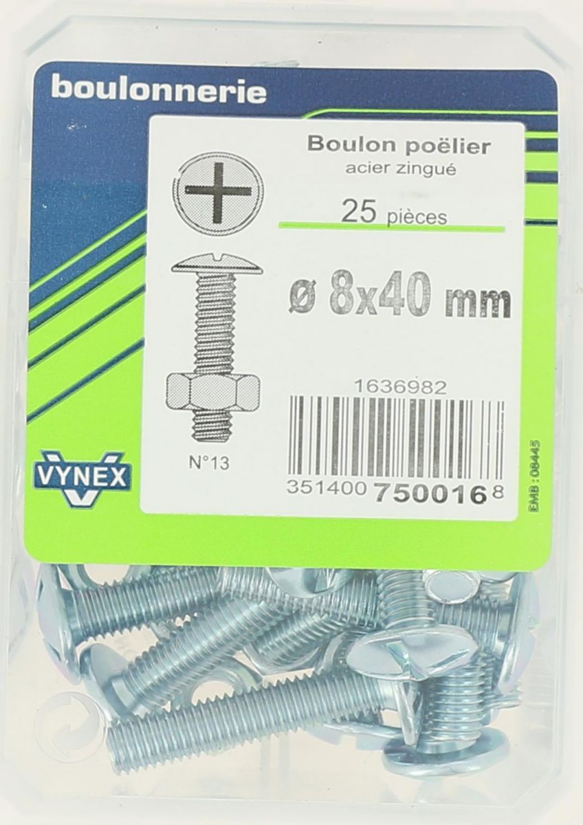 Boulon Poêlier acier zingué 8x40-vybac x25