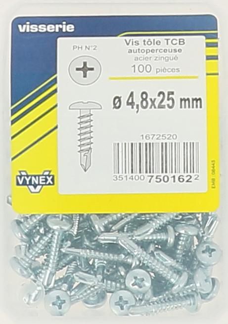 Vis tôle autoperceuse tête cylindrique bombée zingué 4,8x25-vybac x100