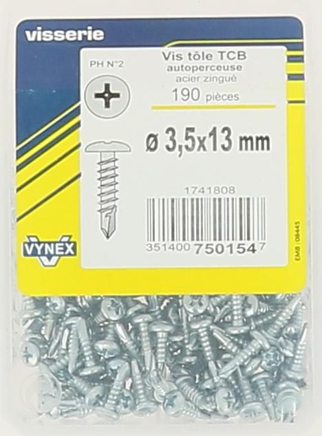 Vis tôle TCB autoperceuse empreinte PH n°2 - acier zingué - Ø 3,5x13 mm - boîte de 190 pcs