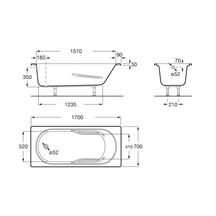 Baignoire rectangulaire NEO GENOVA L170cm avec dossier, accoudoirs et poignées sculptés avec pieds à clipser blanc brillant réf. A248365000