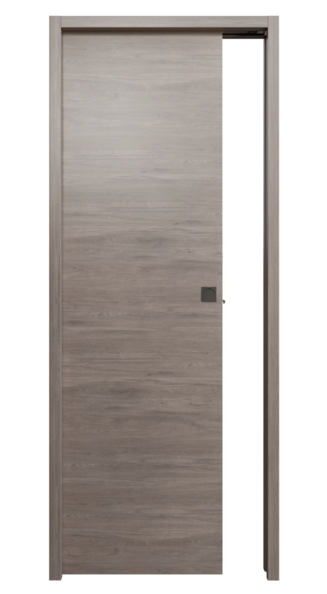 Porte seule BERING âme pleine acoustique mélaminée Gris galet usinage complet pour porte coulissante 204x73cm 40mm avec serrure et kit garniture carrée finition noire Emballée