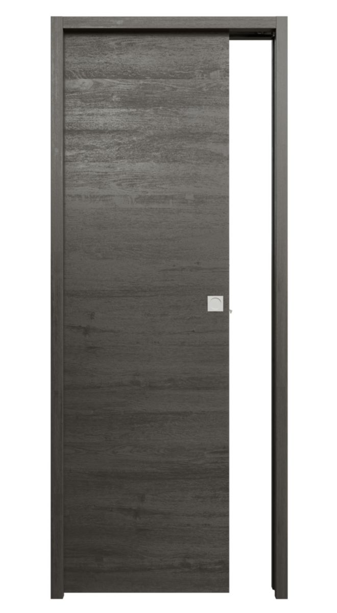 Porte seule BERING âme pleine acoustique mélaminée Gris anthracite usinage complet pour porte coulissante 204x83cm 40mm avec serrure et kit garniture carrée finition inox Emballée