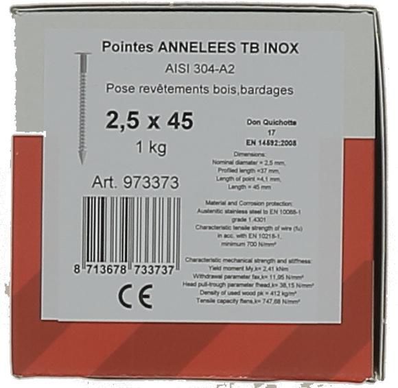 Pointe annelée inox AISI 304 - TB - Ø 2,5x45 mm - boîte de 1 kg